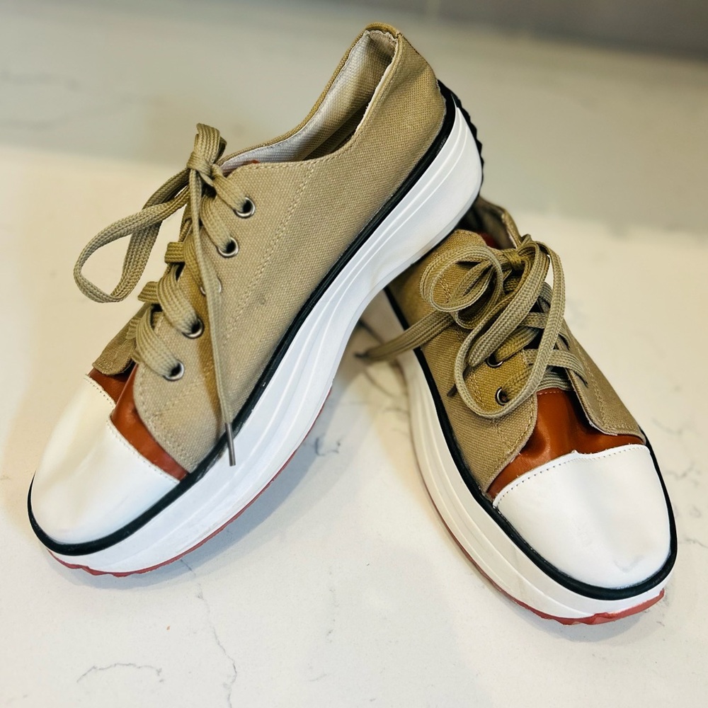 Platform Lace-Up Canvas Sneakers in Khaki, White, Brown & Tan
